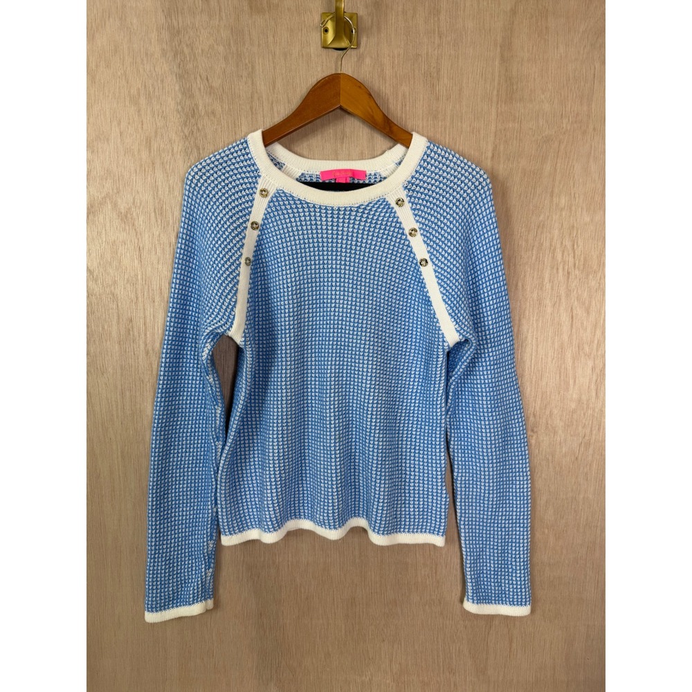Lilly Pulitzer Womens Blue White Knitted Button Accent Crewneck Sweater Medium